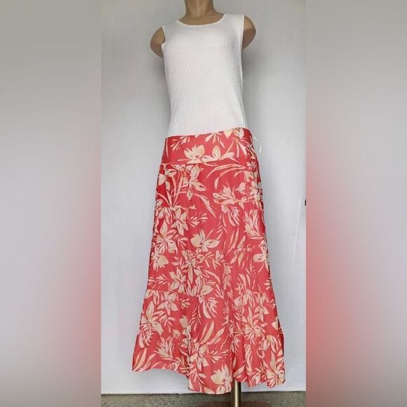 Jones New York Maxi Red Floral Boho Tropical Cotton Skirt w/ Side Zip - Size 10 - Picture 7 of 8